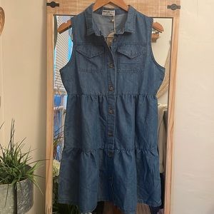 Tiered Button Front Denim Dress - Medium Wash